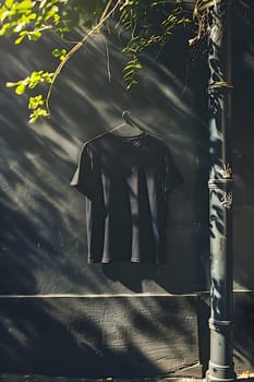 A dark black tshirt sways on a clothes line amidst a backdrop of lush green grass and towering trees in a peaceful forest setting