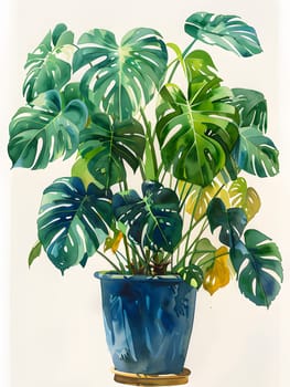 A houseplant in a blue flowerpot against a white background. The terrestrial plant, possibly a palm tree, adds a pop of color to the rectangular vase