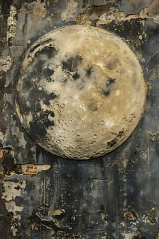 An art piece of a full moon painted on a wooden circle hung on a metal wall, surrounded by trees and plants, creating a serene and beautiful artifact