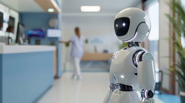 A robot is standing in a hospital lobby, Generative AI.