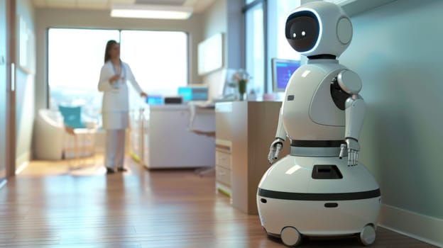 A robot in a hospital lobby, Robot nurse service technology in hospital, Generative AI.