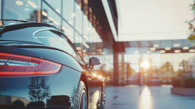 A modern car in front of office building with a blurred background, Generative AI.