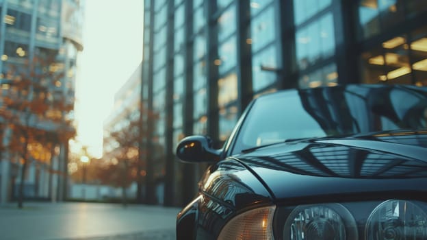 A black car is parked in front of a tall building, Generative AI.