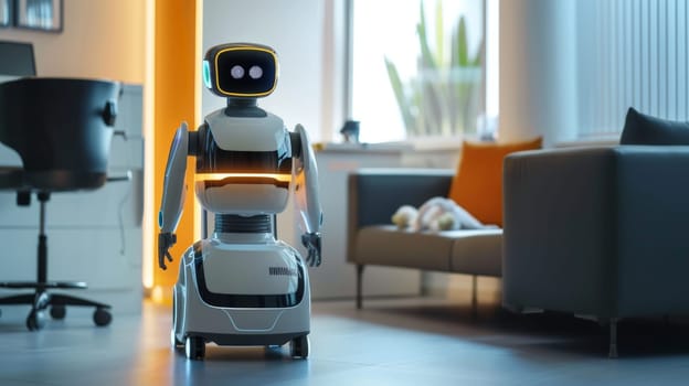 A robot in a hospital lobby, Robot nurse service technology in hospital, Generative AI.