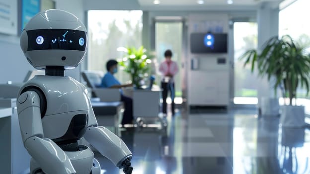 A robot in a hospital lobby, Robot nurse service technology in hospital, Generative AI.