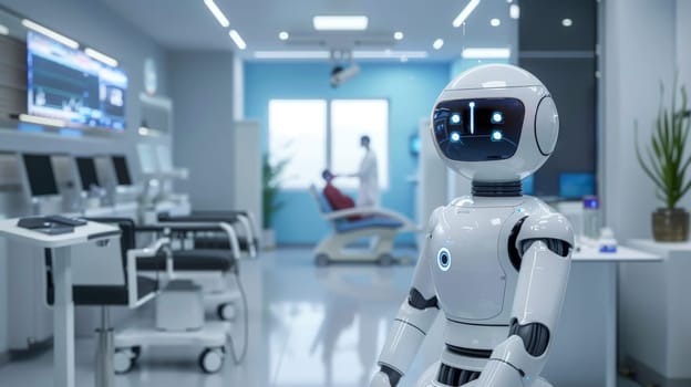 A robot in a hospital lobby, Robot nurse service technology in hospital, Generative AI.