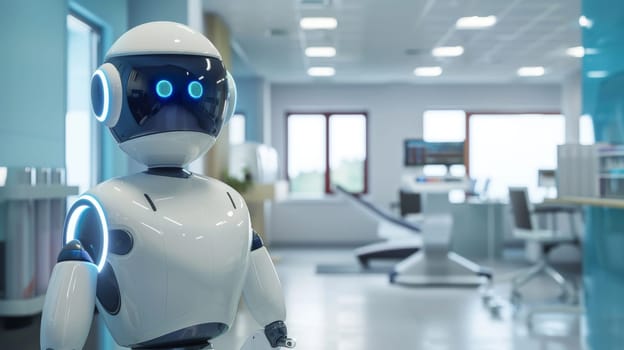 A robot in a hospital lobby, Robot nurse service technology in hospital, Generative AI.