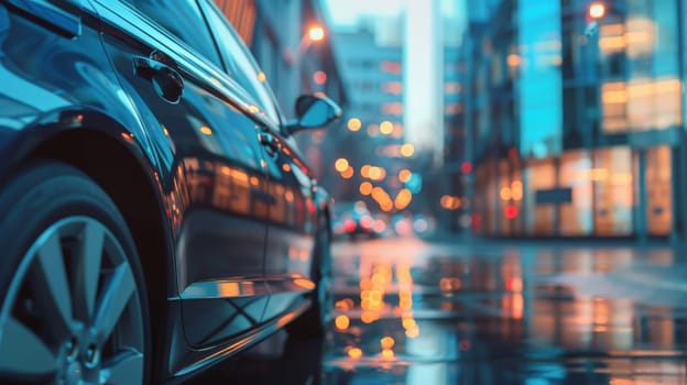 A car is parked on a wet street in a city, Generative AI.