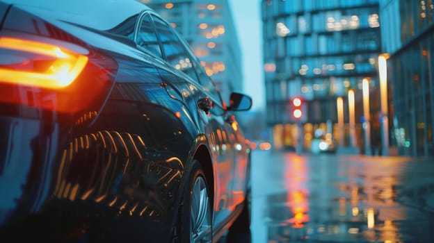 A modern car in front of office building with a blurred background, Generative AI.