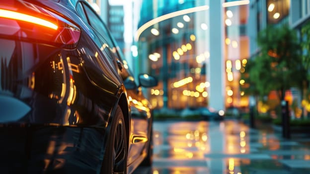 A modern car in front of office building with a blurred background, Generative AI.