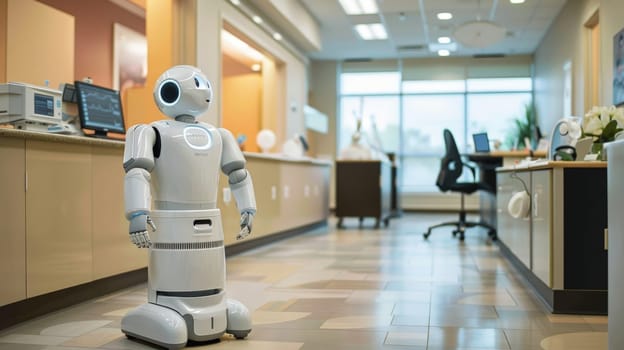 A robot in a hospital lobby, Robot nurse service technology in hospital, Generative AI.