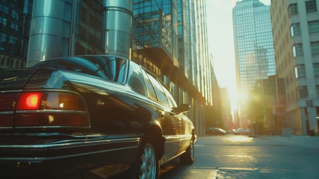 A modern car in front of office building with a blurred background, Generative AI.