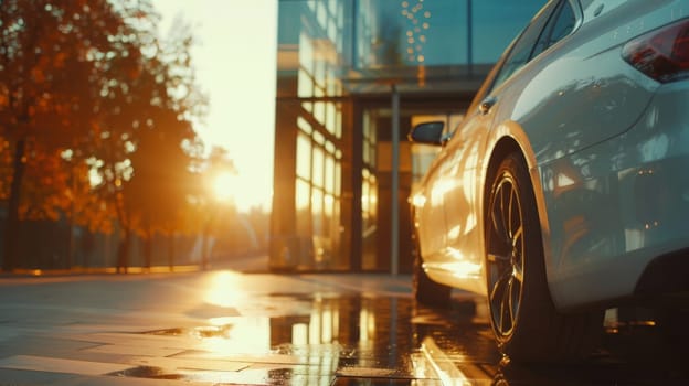 The car is reflecting the sun's rays, creating a warm and inviting atmosphere, Generative AI.