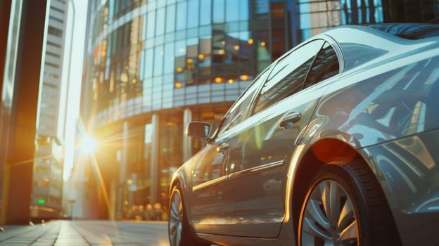 A modern car in front of office building with a blurred background, Generative AI.