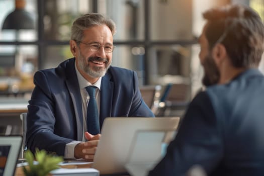 Smiling business manager meeting with mature businessman in office, Team Meeting, Generative AI.