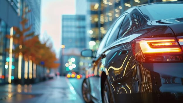 A modern car in front of office building with a blurred background, Generative AI.