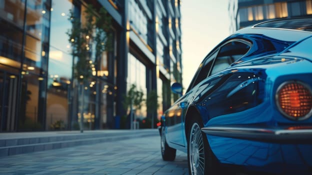 A blue car is parked on a city street, Generative AI.