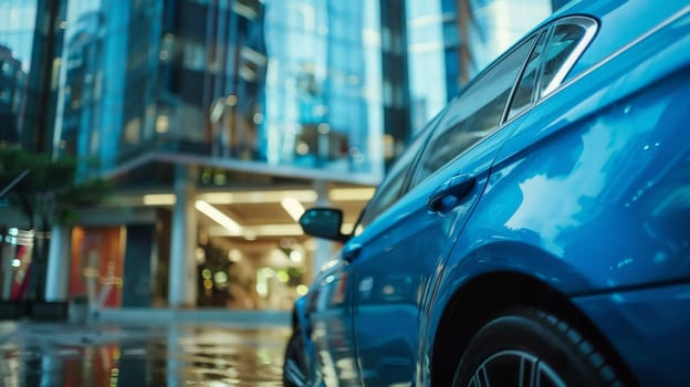A blue car is parked in front of a building, Generative AI.