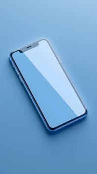 A portable communications device, in the form of a rectangular electric blue smartphone, is resting on a blue plastic surface. It is equipped with a bumper for protection