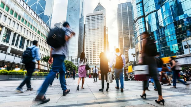 Blurred businesspeople walking at modern city with city scape background, Generative AI.