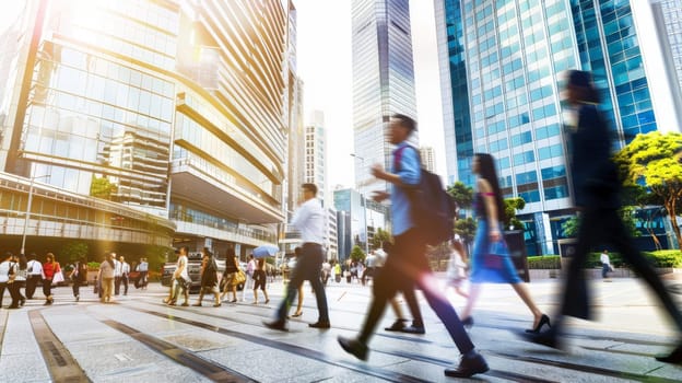 Blurred group of business people walking on the streets with city scape background, Generative AI..