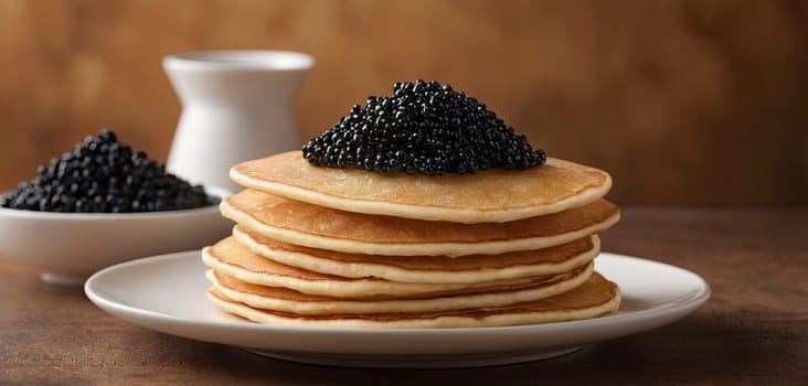 Pancakes with caviar for breakfast highlight luxury morning meal. Golden stack topped with black caviar, served on wooden plate, captures indulgent experience