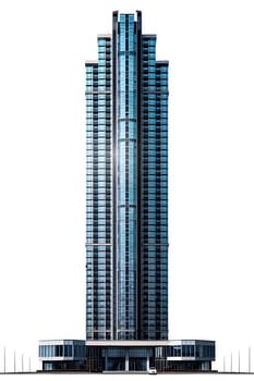 A towering skyscraper made of a rectangular cylinder shape, filled with numerous windows, stands tall against a white background