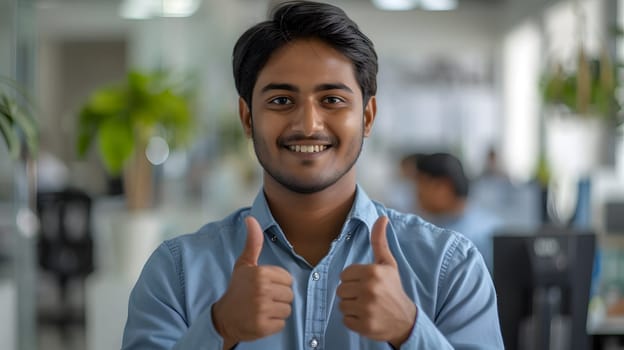 A young man wearing a dress shirt and sharing a happy gesture with two thumbs up in the office. His smile is contagious as he expresses excitement for an upcoming event or travel