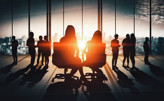 Double exposure image of many business people conference group meeting on city office building in background showing partnership success of business deal. Concept of teamwork, trust and agreement. uds