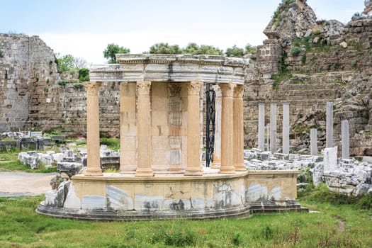 Restored ancient architectural ruins and columns of the ancient city of Side