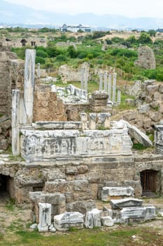 Restored ancient architectural ruins and columns of the ancient city of Side