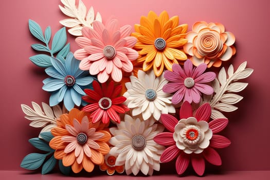 Flowers made of colored plasticine. Floral plasticine composition on a red background.