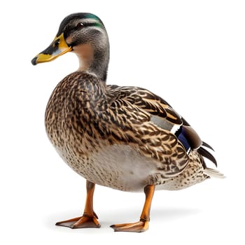 A mallard duck, a type of waterfowl, is standing on its hind legs showcasing its colorful feather pattern against a white background