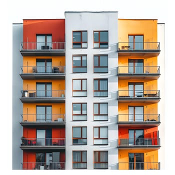 A modern tower block designed with an urban flair, featuring a facade adorned with numerous rectangular windows and balconies, resembling a work of art in the bustling cityscape