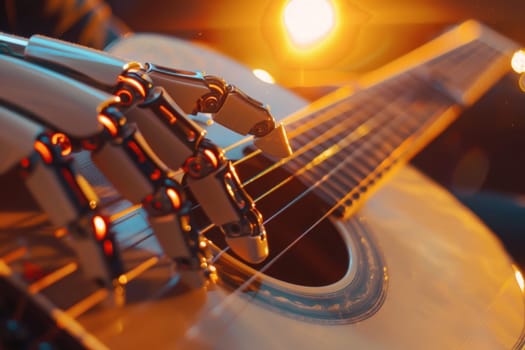 A robotic hand is playing a guitar. Concept of futuristic technology and the potential for human-like creations to interact with the world in new and innovative ways