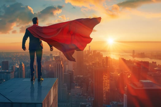 A man in a red cape stands on a rooftop in a city.