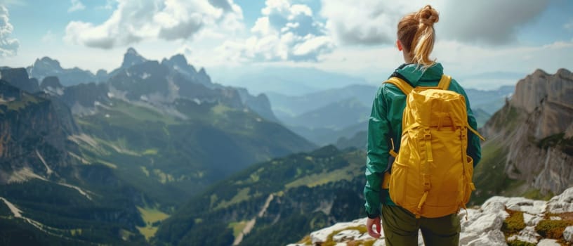 A woman is standing on a mountain top with a yellow backpack on.