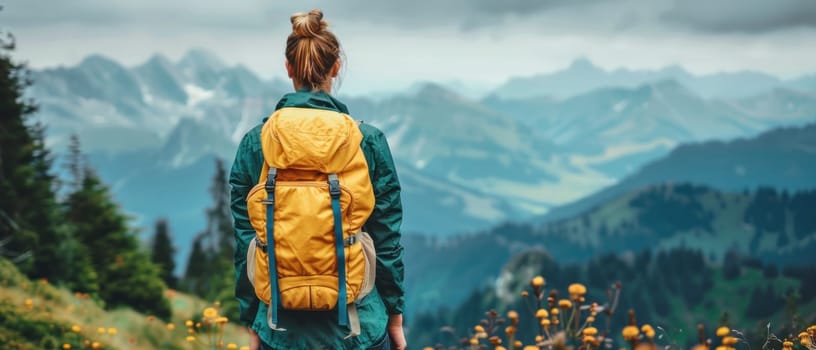 A woman is standing on a mountain top with a yellow backpack on. The mountains are in the background and the sky is cloudy. The woman is enjoying the view and taking in the scenery