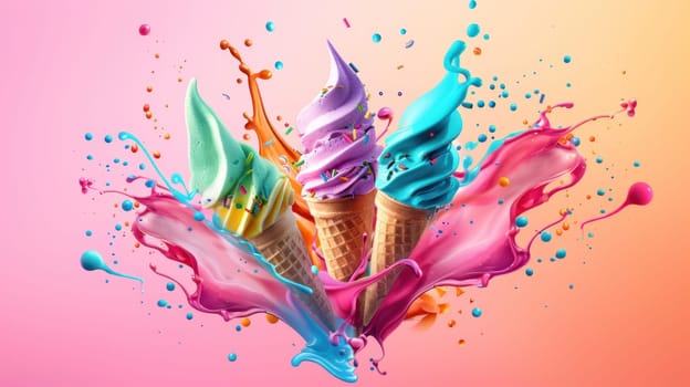 ice cream cones are splattered with colorful paint, creating a fun.