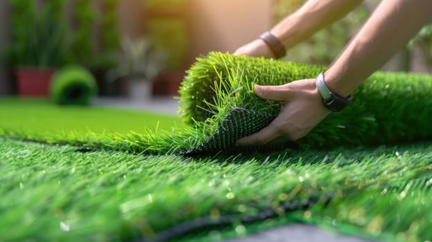 A man is laying down a piece of artificial grass.