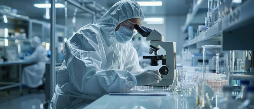 A scientist in a lab coat and gloves is working with a microscope.