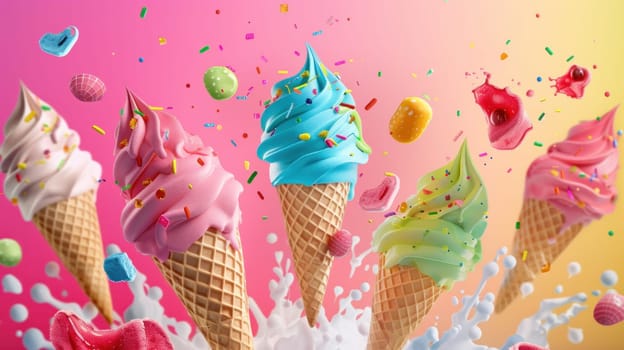 ice cream cones are splattered with colorful paint, creating a fun.