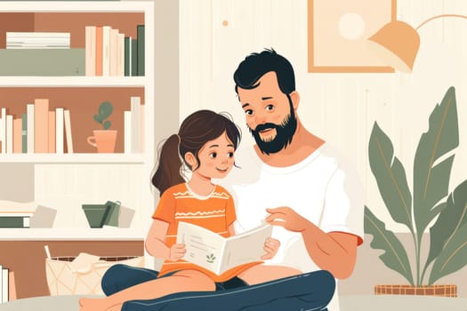 Father's Day greeting card design flat illustration, A man and a little girl are reading with book.