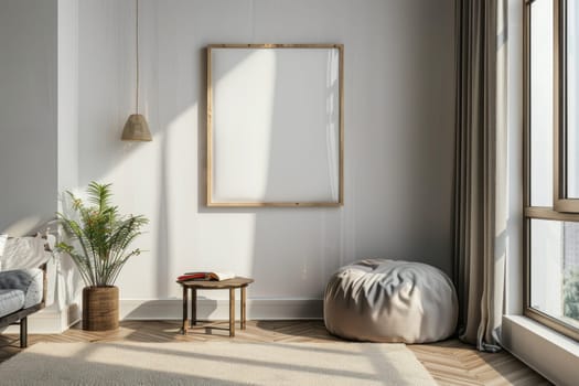 A white chair sits in front of a large white wall.