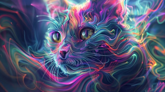 A cat with a colorful face is shown in a bright, colorful background.