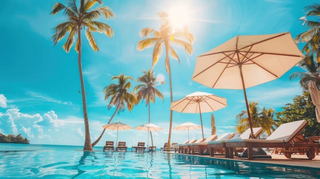 A pool with a beach setting and umbrellas.