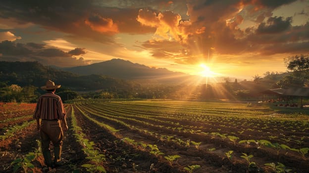 A man stands in a field of crops with the sun shining on him.