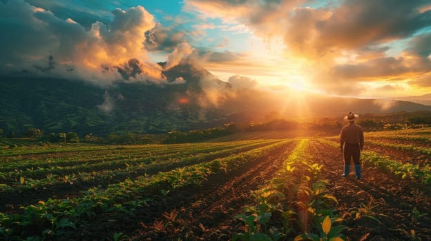 A man stands in a field of crops with the sun shining on him. The sky is cloudy and the sun is setting