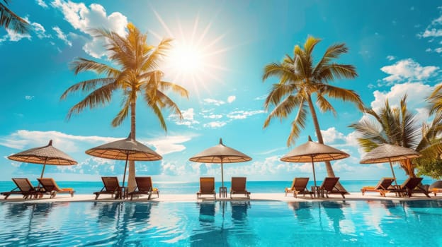 A pool with a beach setting and umbrellas.