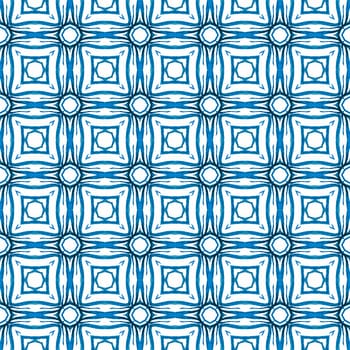 Textile ready artistic print, swimwear fabric, wallpaper, wrapping. Blue captivating boho chic summer design. Watercolor ikat repeating tile border. Ikat repeating swimwear design.